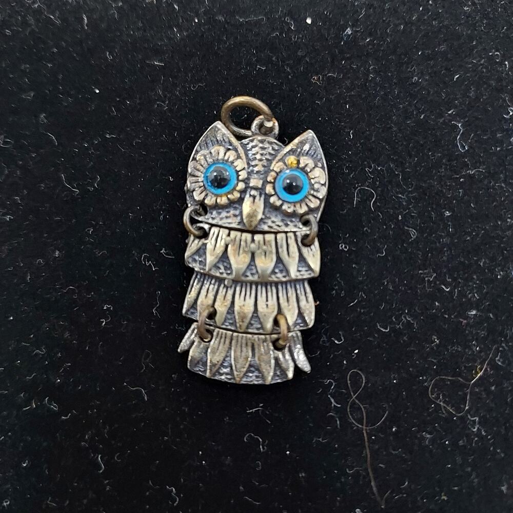 Owl Charm Pendant Sterling Silver 925 Marked Articulated 1" Blue Eyes Vintage